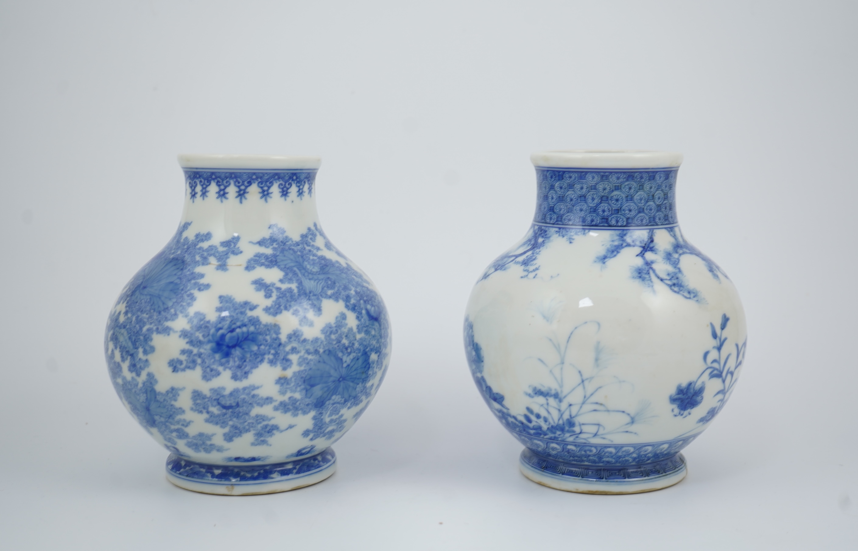 Two Japanese Mino ware blue and white vases, by Kato Gosuke IV (active c.1863-1898)